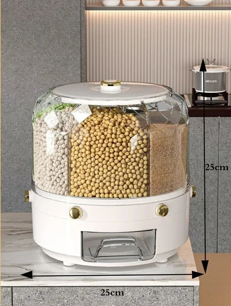 360 Degree Rotating Rice Dispenser Sealed Dry Cereal Grain Bucket Dispenser Moisture-Proof Kitchen Food Container Storage Box