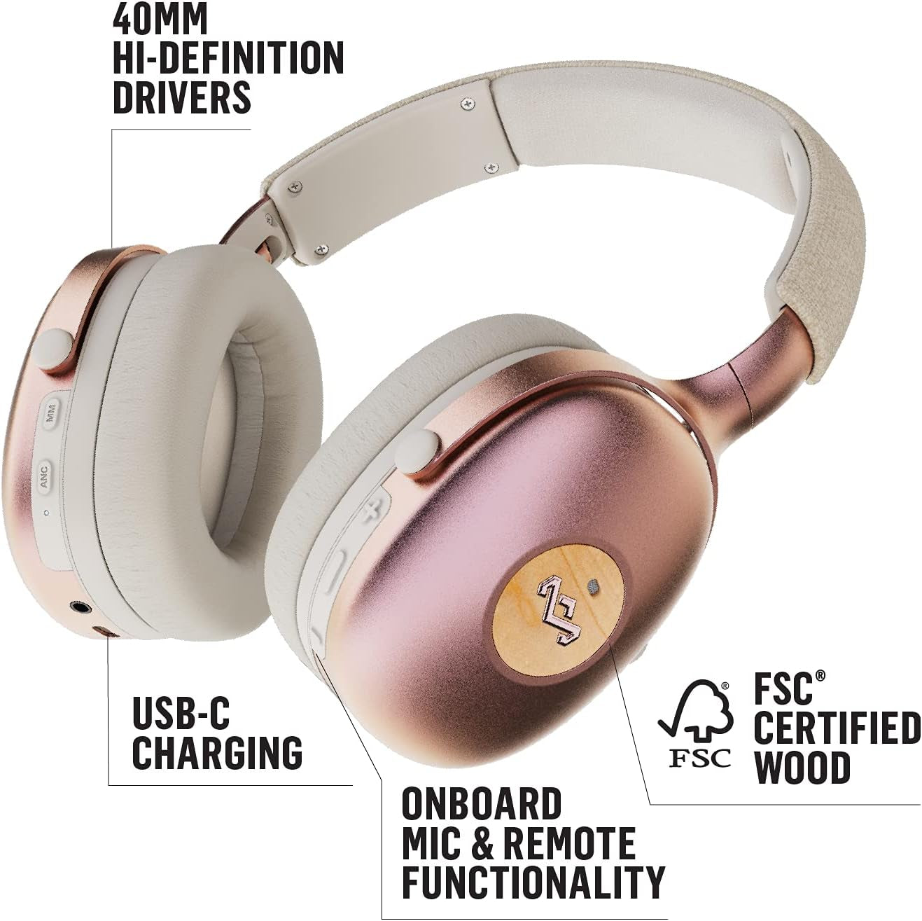 Positive Vibration XL ANC: Noise Cancelling Over-Ear Headphones with Microphone, Wireless Bluetooth Connectivity, and 26 Hours of Playtime, Copper